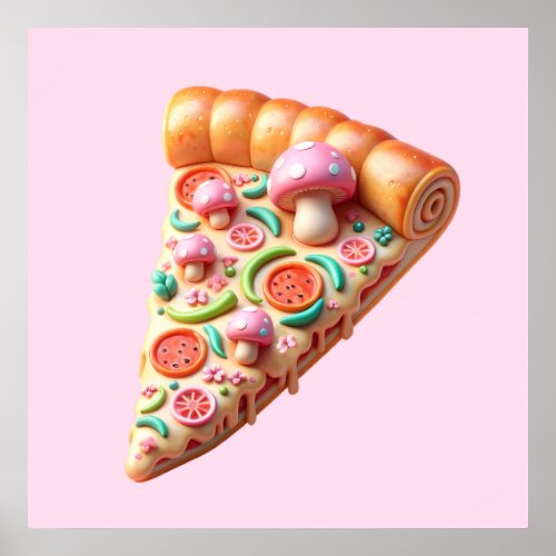 Whimsical Pink Mushroom Pizza Poster
