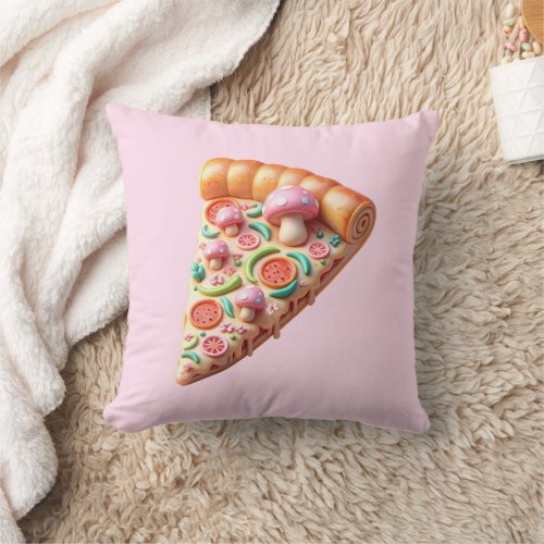 Whimsical Pink Mushroom Pizza Throw Pillow