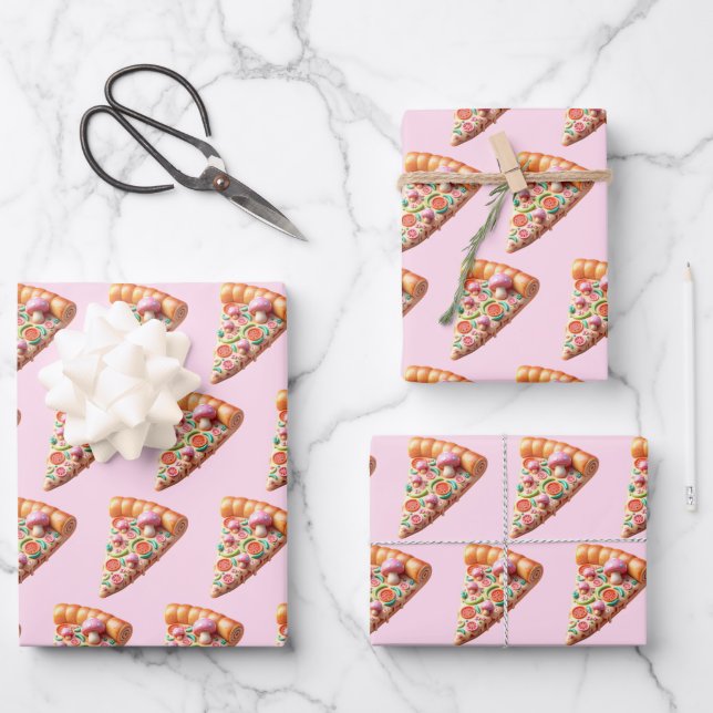 Whimsical Pink Mushroom Pizza Wrapping Paper Sheets (Front)