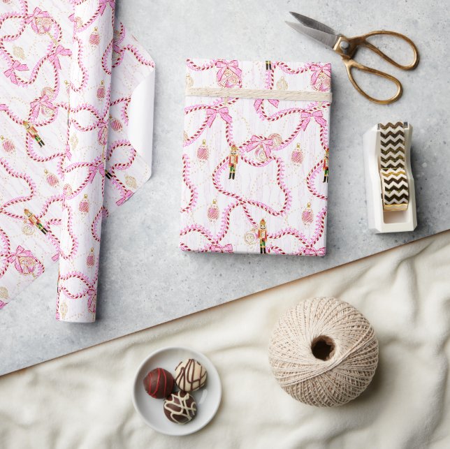 Whimsical Pink Nutcracker Candy Cane Bow Wrapping Paper (Crafts)