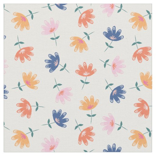 Whimsical Pink Orange Blue Flowers Pattern Fabric