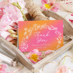 Whimsical Pink Orange Flowers Hand Drawn Letterpress Thank You Card