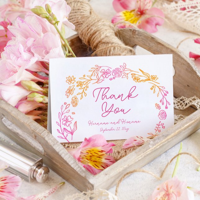 Whimsical Pink Orange Flowers Hand Drawn Thank You Card (Creator Uploaded)