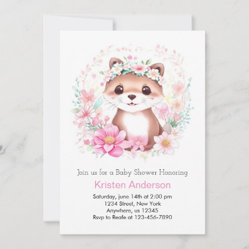 Whimsical Pink Otter Meadow Girl Baby Shower Invitation