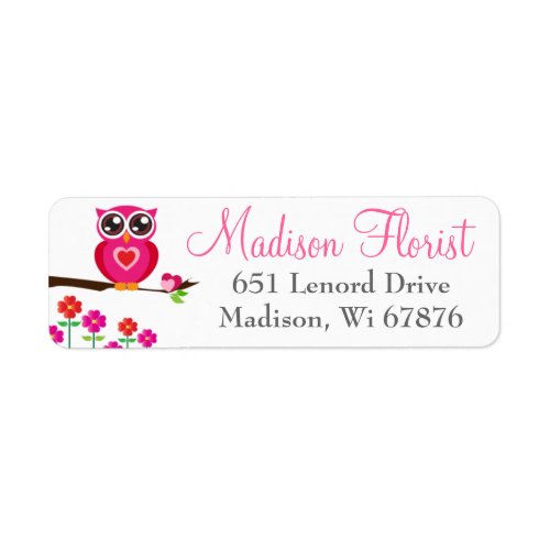 Whimsical Pink Owl  Flowers Return Address Labels