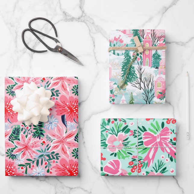 Whimsical Pink Pastel Christmas Holiday Festive Wrapping Paper Sheets (Front)