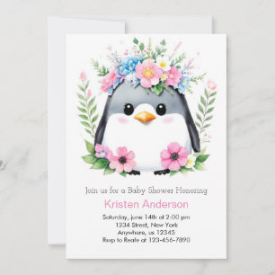 Whimsical Pink Penguin Girl Baby Shower Invitation