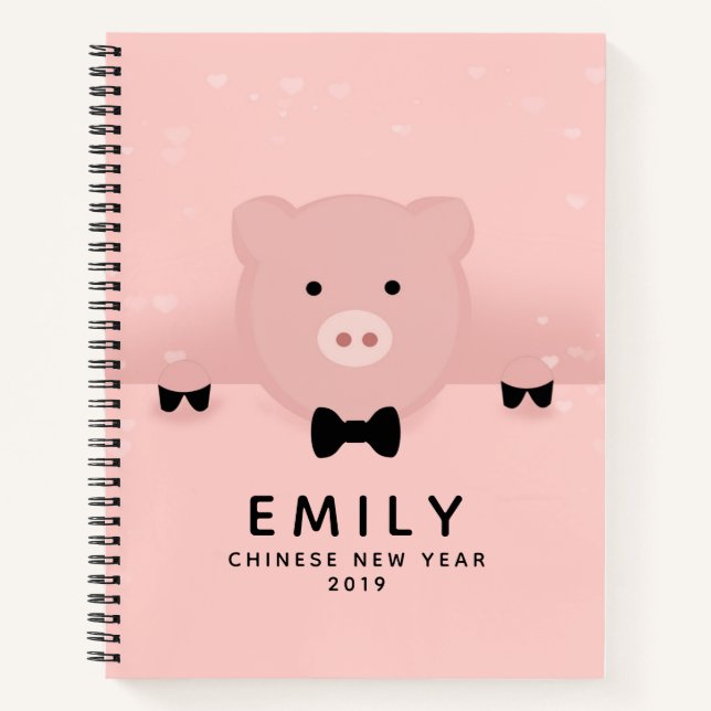 Whimsical Pink Pig Cute Chinese New Year Notebook (Front)