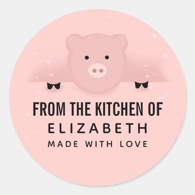 Whimsical Pink Pig Cute Farm Animal Kitchen Classic Round Sticker (Front)