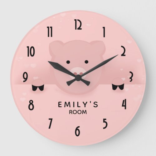 Whimsical Pink Pig Cute Farm Animal Large Clock