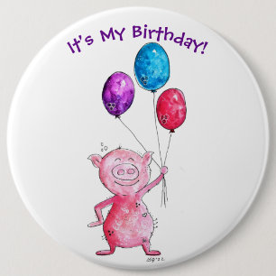 Whimsical Pink Pig with Balloons Button
