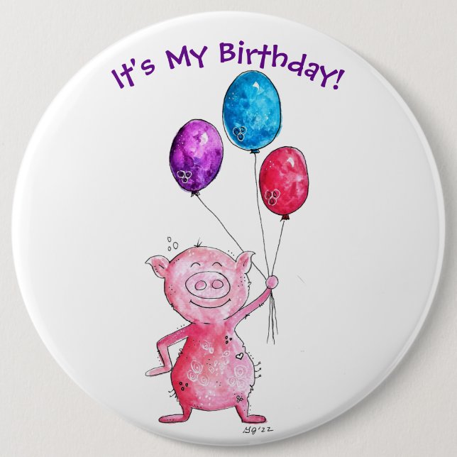 Whimsical Pink Pig with Balloons Button (Front)