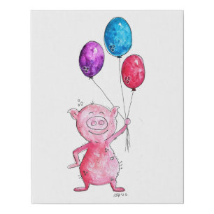 Whimsical Pink Pig with Balloons Faux Canvas Print
