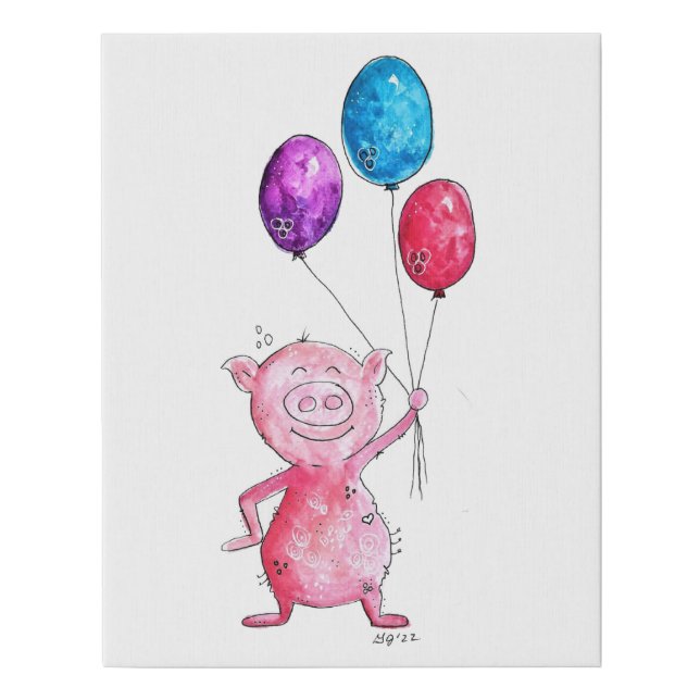 Whimsical Pink Pig with Balloons Faux Canvas Print (Front)