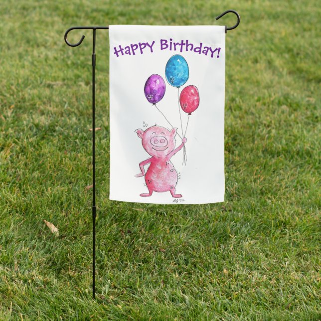 Whimsical Pink Pig with Balloons Garden Flag (In SItu)