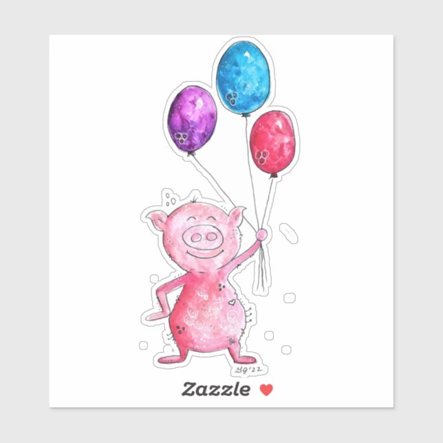 Whimsical Pink Pig with Balloons Sticker (Sheet)