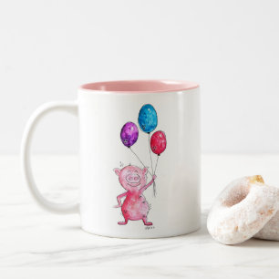 Whimsical Pink Pig with Balloons Two-Tone Coffee Mug