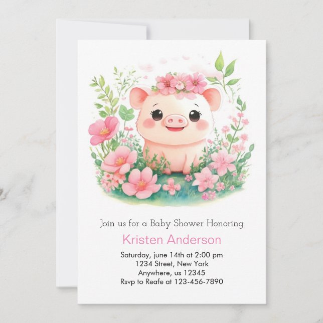 Whimsical Pink Piglet Adventure Girl Baby Shower Invitation (Front)