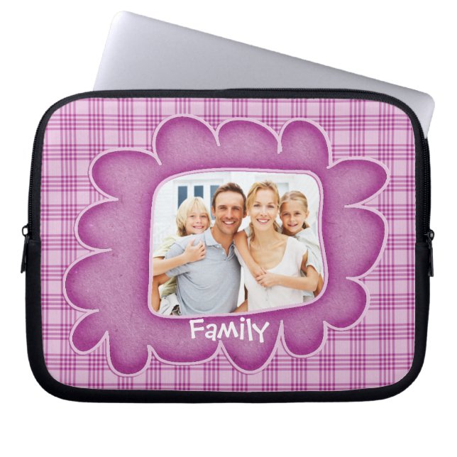 Whimsical Pink Plaid Family Photo Laptop Sleeve (Front)
