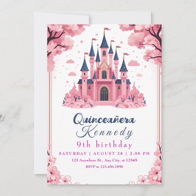 Whimsical Pink Princess Castle Birthday Invitation (Front)