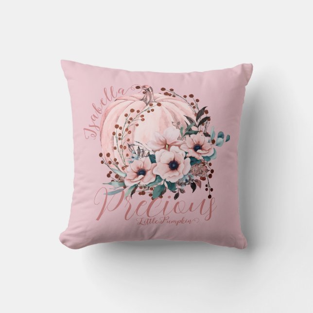 Whimsical Pink Pumpkin Autumn Floral Girly  Throw Pillow (Front)
