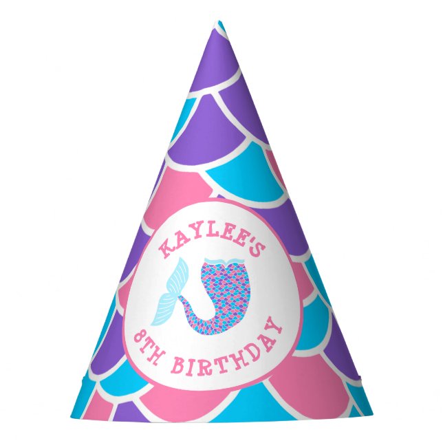 Whimsical Pink Purple and Blue Mermaid Party Hat (Front)