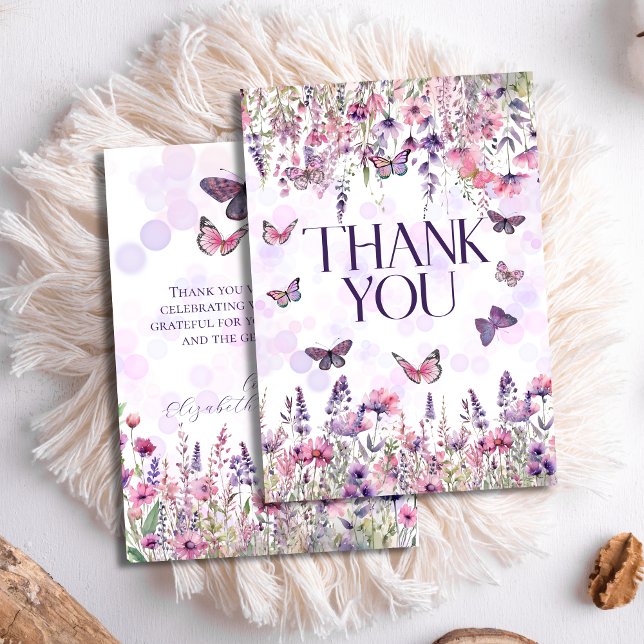 Whimsical Pink Purple Butterflies & Wildflowers Thank You Card (Creator Uploaded)