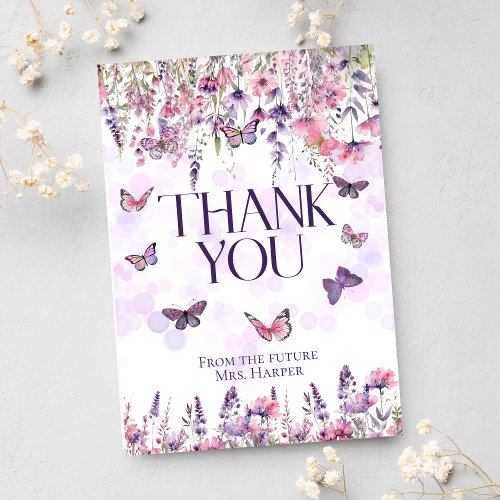 Whimsical Pink Purple Butterflies  Wildflowers Thank You Card