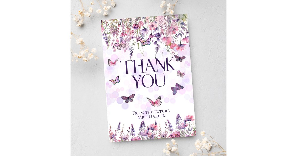 Whimsical Pink Purple Butterflies & Wildflowers Thank You Card | Zazzle
