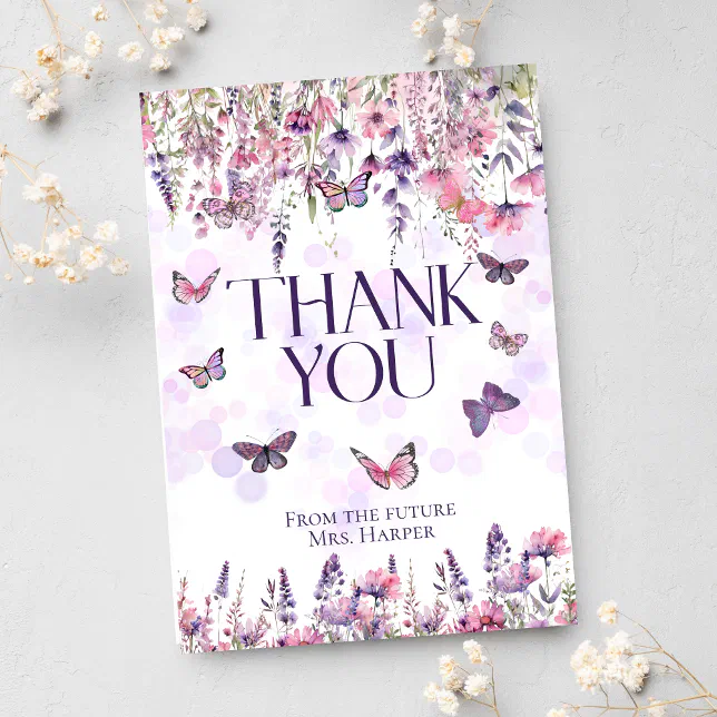 Whimsical Pink Purple Butterflies & Wildflowers Thank You Card | Zazzle