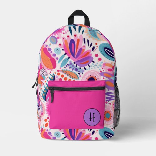 Whimsical Pink  Purple Floral Monogram  Printed Backpack