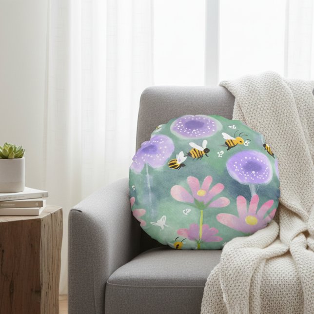 Whimsical Pink Purple Flowers Bumble Bees Meadow Round Pillow (Creator Uploaded)