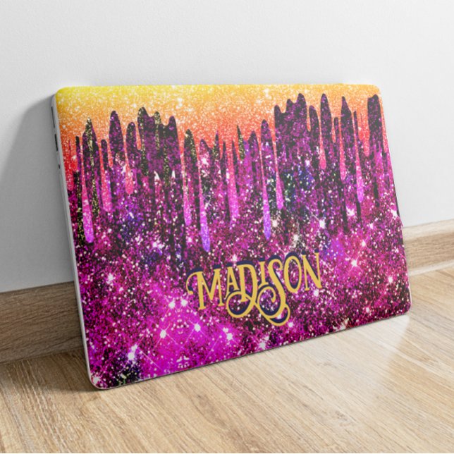 Whimsical pink purple Glitter gold drips monogram HP Laptop Skin (Creator Uploaded)