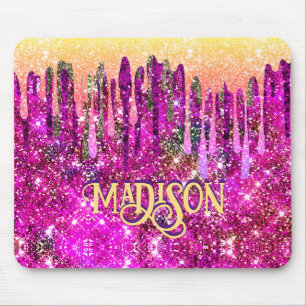 Whimsical pink purple Glitter gold drips monogram Mouse Pad