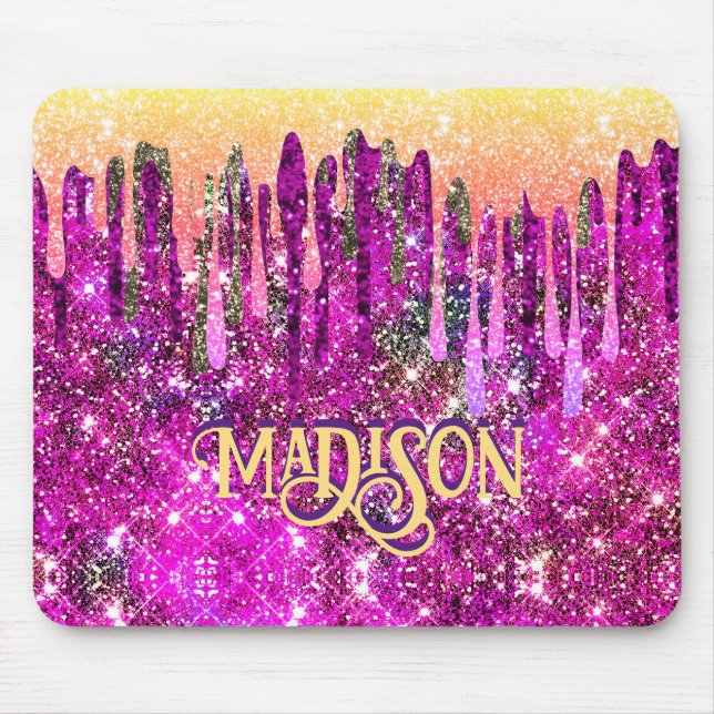 Whimsical pink purple Glitter gold drips monogram Mouse Pad (Front)