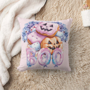 Whimsical Pink Purple Halloween Boo Throw Pillow