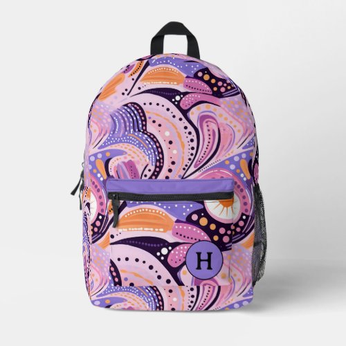 Whimsical Pink  Purple Monogram  Printed Backpack