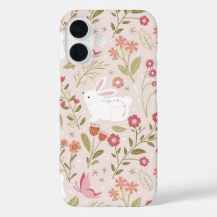 Whimsical Pink Rabbit and Floral Meadow iPhone 16 Case