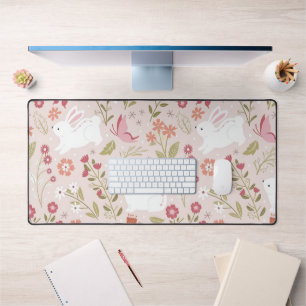 Whimsical Pink Rabbit and Floral Meadow Desk Mat