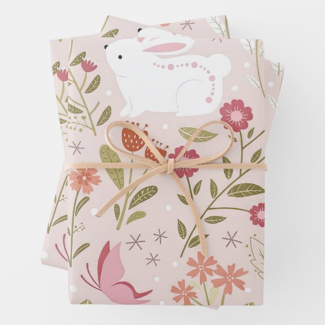 Whimsical Pink Rabbit and Floral Meadow Wrapping Paper Sheets (In situ)