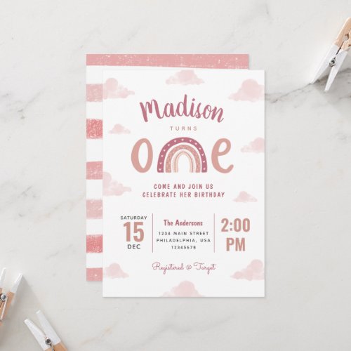 Whimsical Pink Rainbow and Clouds First Birthday Invitation