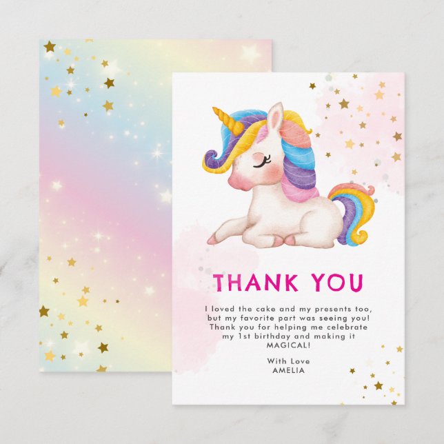Whimsical pink Rainbow unicorn 1st Birthday party Thank You Card (Front/Back)