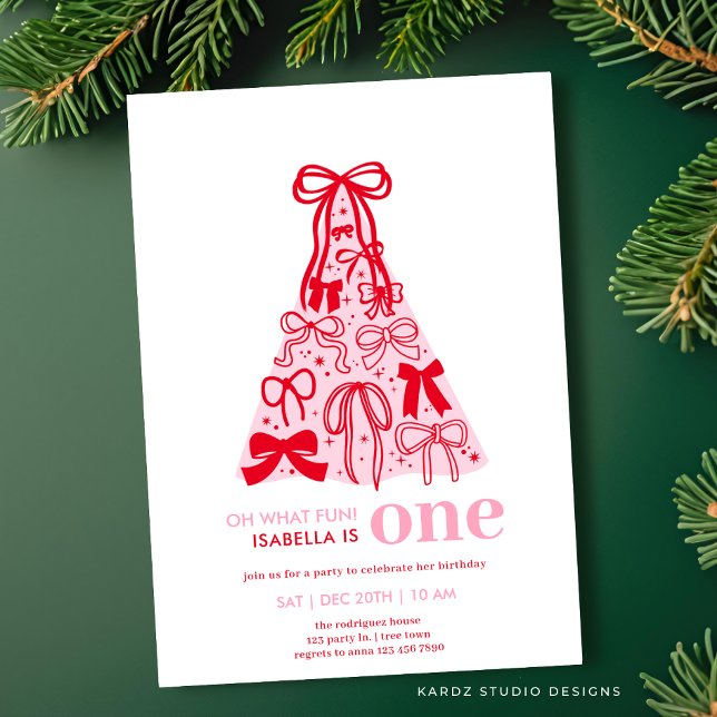 Whimsical Pink Red Bow Tree Girl 1st Birthday Invitation (Invite shown in 5 x 7 inches, choose size, paper and corner style.)