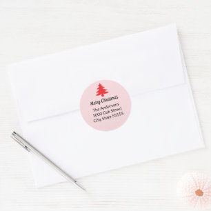 Whimsical Pink Red Christmas Tree Return Address Classic Round Sticker