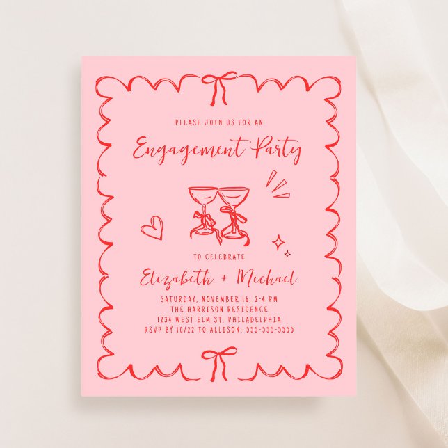 Whimsical Pink Red Engagement Party Invitation (Whimsical Pink Red Engagement Party Invitation)