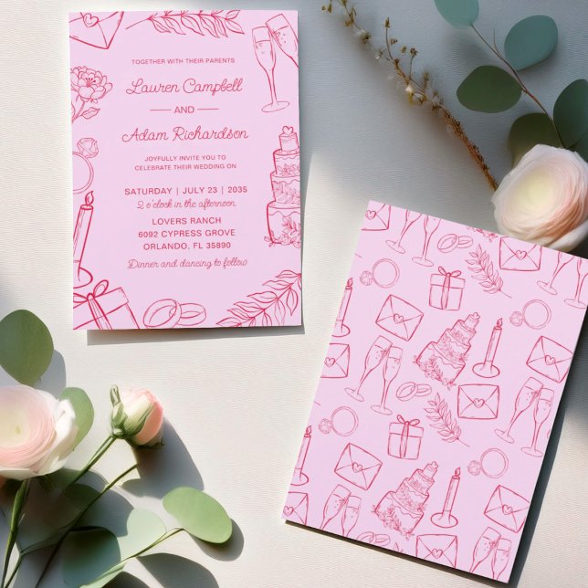 Whimsical Pink & Red Hand-Drawn Wedding Invitation (Creator Uploaded)