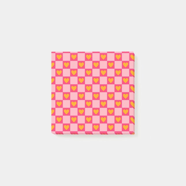 Whimsical Pink Red Heart Checkered Retro  Post-it Notes (Front)