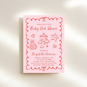 Whimsical Pink Red Wavy Frame Baby Girl Shower Invitation