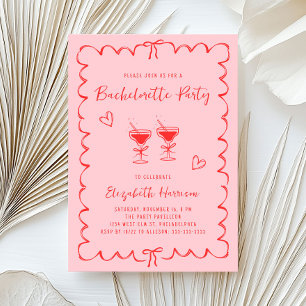 Whimsical Pink Red Wavy Frame Bachelorette Party Invitation