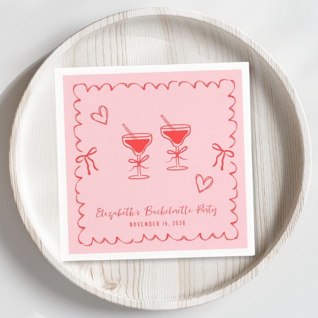 Whimsical Pink Red Wavy Frame Bachelorette Party Napkins (Creator Uploaded)
